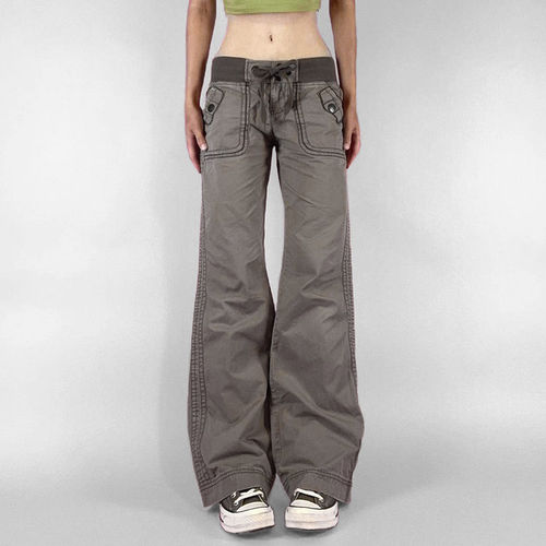 松紧腰头撞色拼接口袋微喇牛仔裤