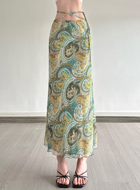 ROCKMORE【异域风情】绿色系腰果花绑带半身裙辣妹度假网纱中长裙