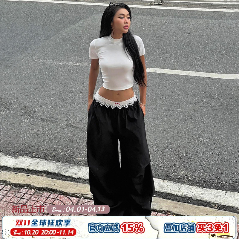 蕾丝花边拼接腰头撞色宽松工装裤