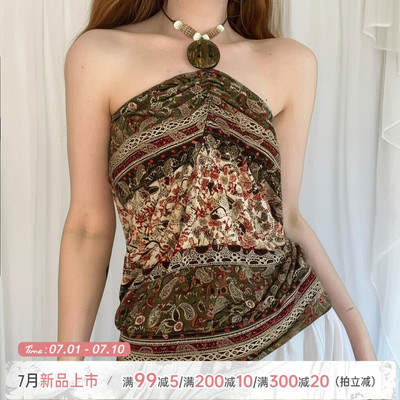 棕色系复古印花背心串珠挂脖