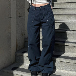 休闲直筒裤 ROCKMORE 美式 藏青色低腰铆钉分割牛仔裤 小众辣妹