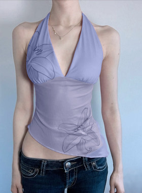 ROCKMORE【古早辣妹】紫色深v挂脖露背吊带粉色性感修身印花背心