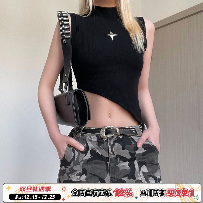 五角星螺纹中高领露肩背心气质女