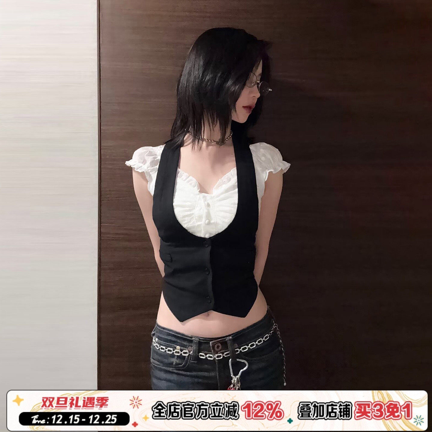 学院风撞色假两件拼接短袖T恤夏