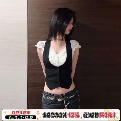 学院风撞色假两件拼接短袖T恤夏