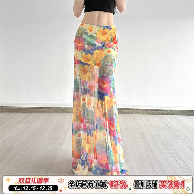 油画风晕染彩色印花网纱长裙