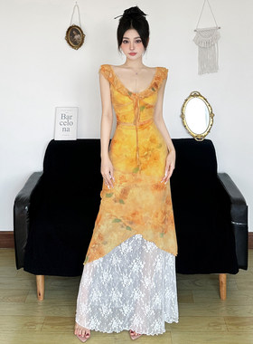 ROCKMORE【仲夏浪漫】黄色小花蕾丝拼接荷叶领连衣裙辣妹度假长裙