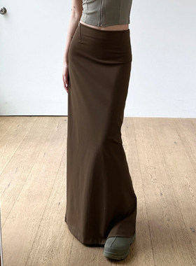 ROCKMORE【极简气质】质感一片式开叉修身长裙复古棕色垂感半身裙