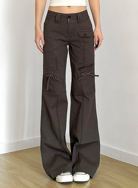 ROCKMORE【美式街头】灰色低腰显瘦直筒牛仔裤拉链口袋设计工装裤