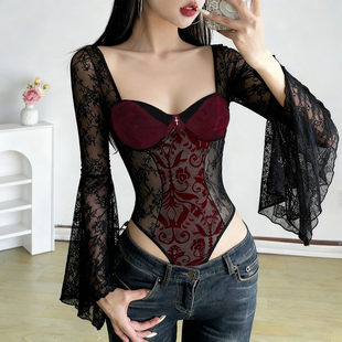 ROCKMORE 蕾丝拼接设计网纱透视连体衣性感辣妹上衣 暗黑系穿搭