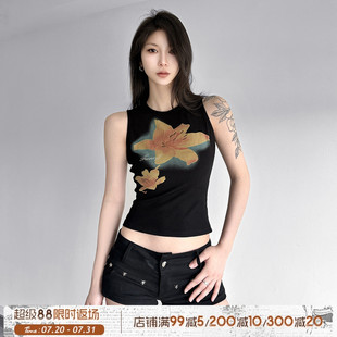 ROCKMORE 针织背心黑色圆领上衣 热带花朵 花卉印花撞色螺纹无袖