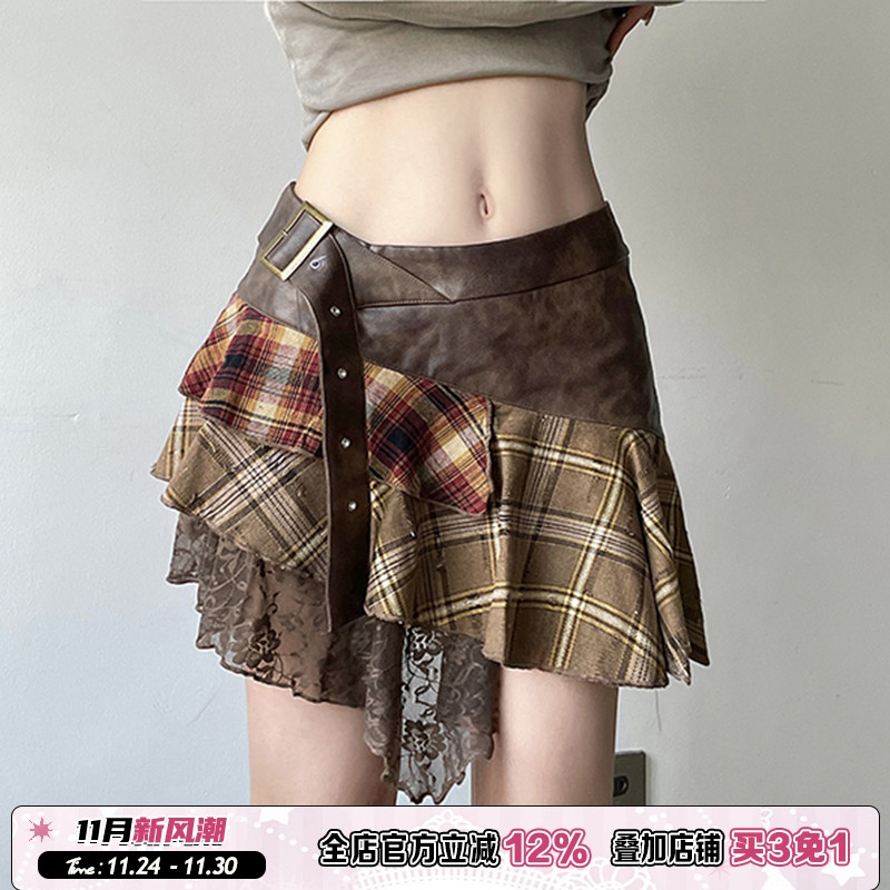 校园风蕾丝拼接美式格纹半裙
