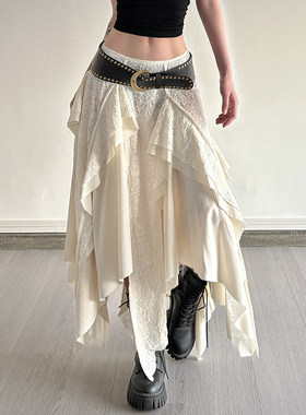 ROCKMORE【流浪宣言】波嬉风米白色不规则半身裙蕾丝拼接A摆长裙