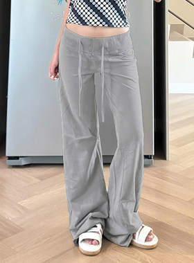ROCKMORE【美式基础】灰色抽绳休闲裤女高腰显瘦直筒阔腿拖地长裤