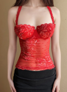 ROCKMORE【花焰艺术】度假风蕾丝拼接胸型红色印花吊带性感背心潮