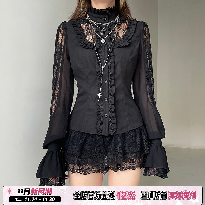 ROCKMORE【法式宫廷风】蕾丝拼接泡泡长袖黑色衬衫木耳边排扣上衣