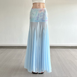 长裙 花卉印花网纱拼接度假鱼尾裙辣妹修身 ROCKMORE 海岛椰椰蓝