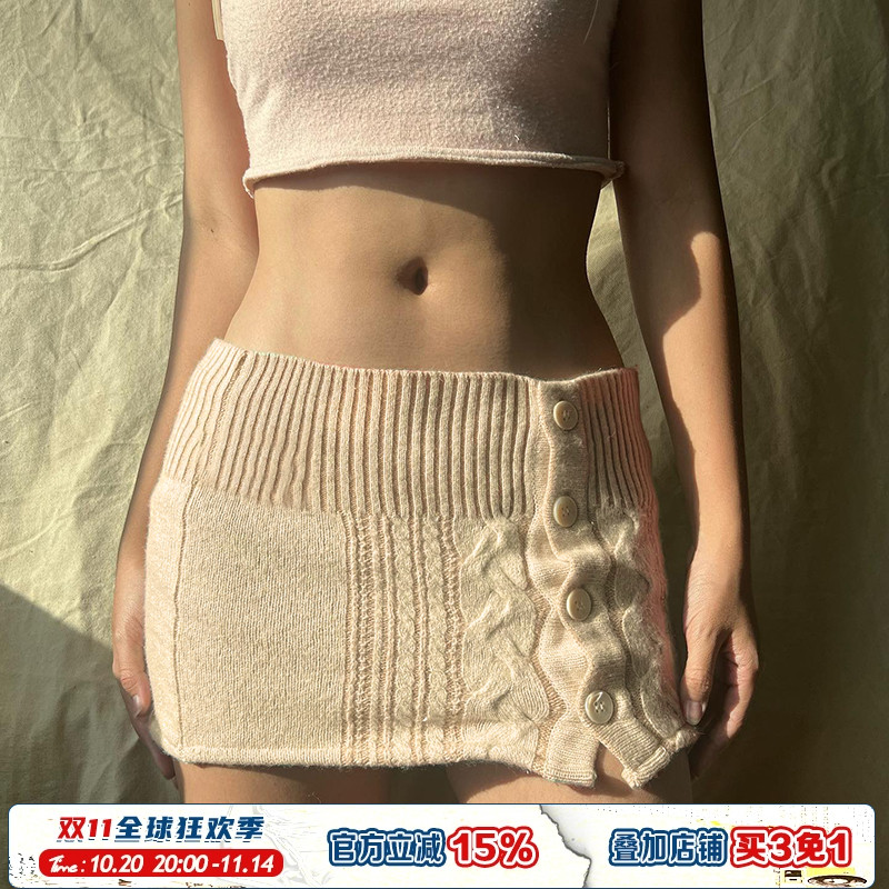 蝴蝶结少女感纽扣毛织包臀半身裙