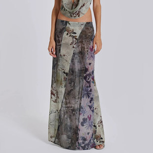 ROCKMORE 复古辣妹vintage半身裙女森系植物印花长裙 枯藤原林