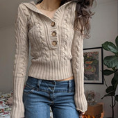 ROCKMORE 女 毛衣麻花针织衫 慵懒休闲风 卡其色纽扣连帽收腰短款