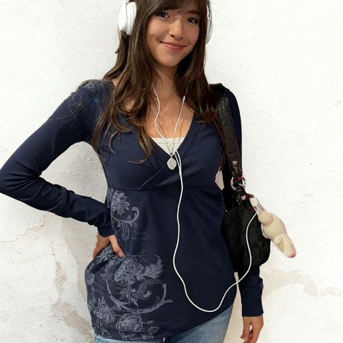 深蓝色植系印花深V领长袖T恤女