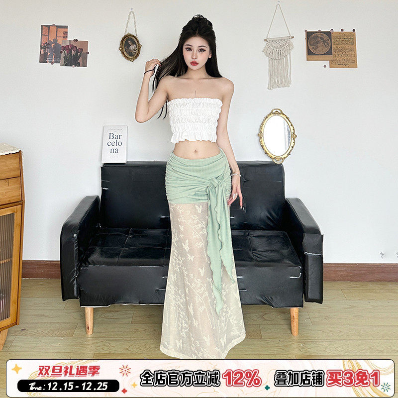 度假绑带设计蕾丝拼接半裙