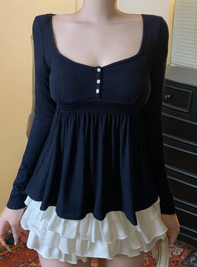 ROCKMORE【甜辣少女】蓝色打揽褶皱三粒扣方领长袖T恤A摆修身上衣