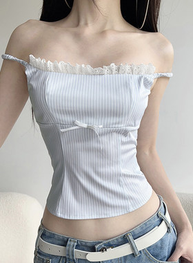 ROCKMORE【清新初夏】法式蕾丝拼接显瘦上衣纯欲风蓝色系条纹吊带