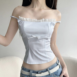 蕾丝拼接显瘦上衣纯欲风蓝色系条纹吊带 法式 ROCKMORE 清新初夏