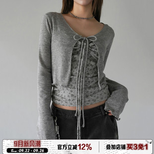 灰色基礎(chǔ)綁帶長(zhǎng)袖 ROCKMORE 韓女穿搭 少女蝴蝶結(jié)碎花吊帶 開(kāi)衫