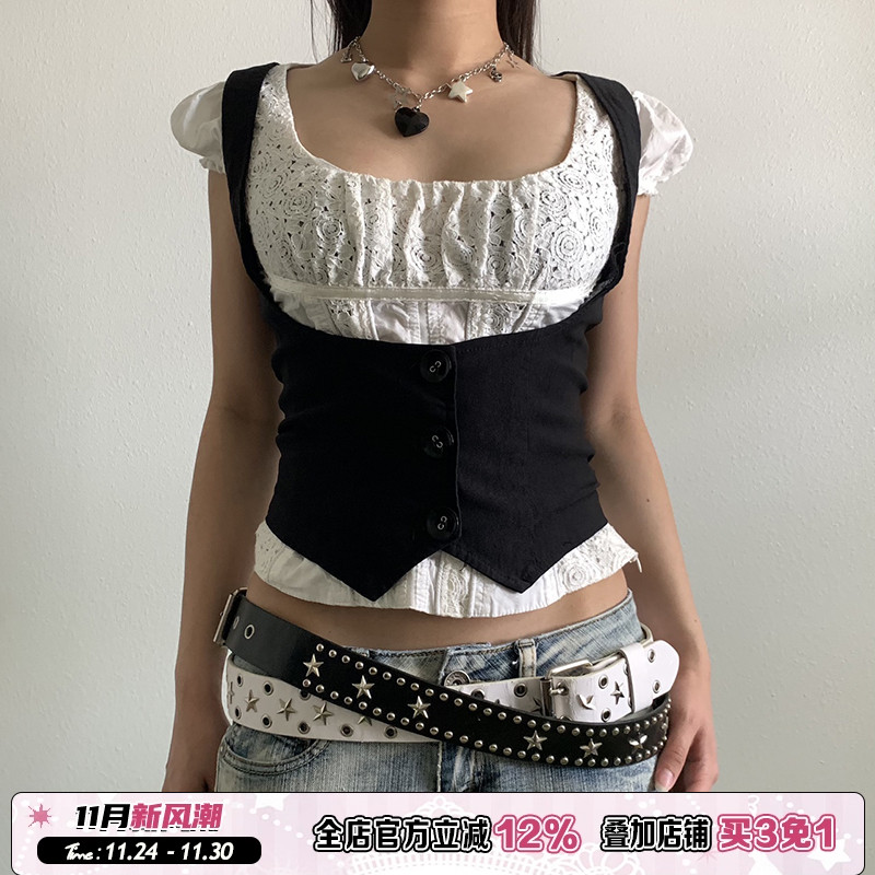 复古90s英伦风黑色排扣马甲女