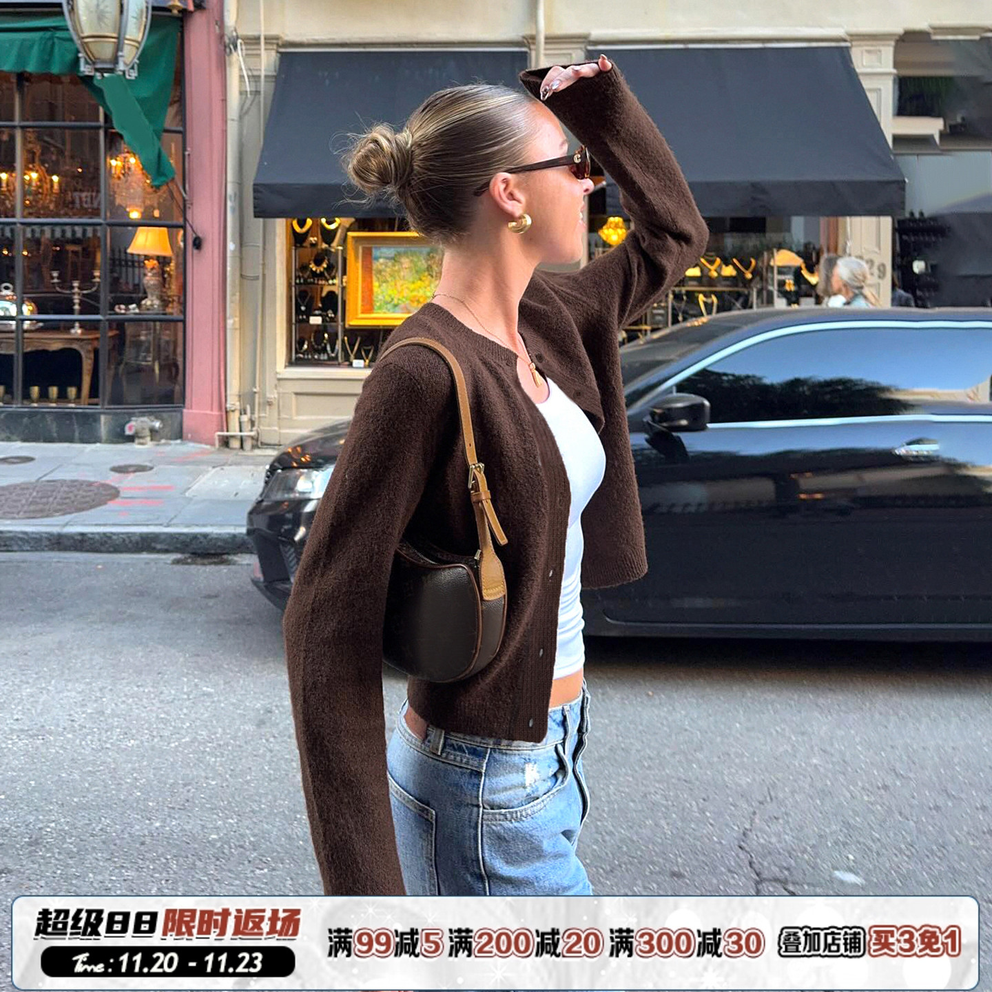 ins风单排扣圆领长袖毛织开衫女