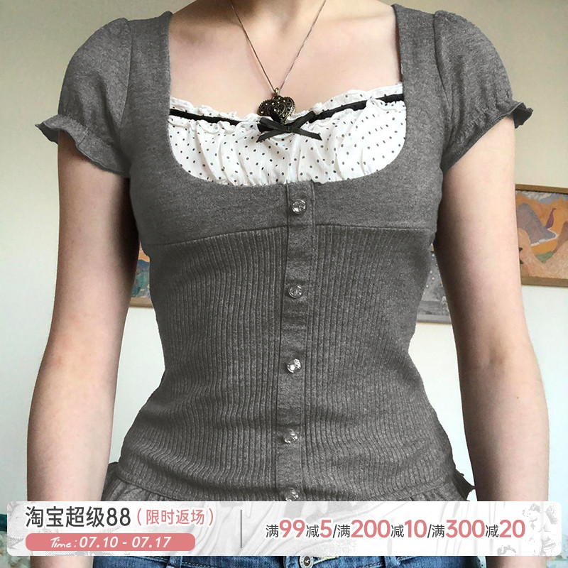 法式宮廷設計紐扣波點方領短袖