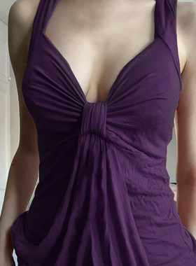 ROCKMORE【韵味紫色】挂脖V领低胸性感吊带辣妹扭结胸型复古背心