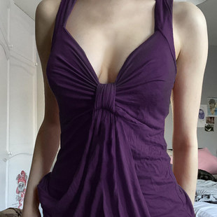 ROCKMORE 挂脖V领低胸性感吊带辣妹扭结胸型复古背心 韵味紫色