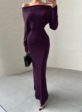 ROCKMORE【小众韵味】轻熟风紫色一字肩收腰连衣裙辣妹修身鱼尾裙