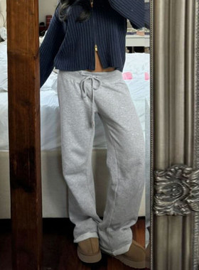 ROCKMORE【美式辣妹】浅灰色直筒毛边卫衣裤 百搭系带宽松休闲裤