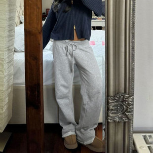 百搭系带宽松休闲裤 ROCKMORE 浅灰色直筒毛边卫衣裤 辣妹 美式