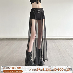 暗黑辣妹皮褲 ROCKMORE 機(jī)能美式 金屬扣不規(guī)則網(wǎng)紗開叉拼接短褲