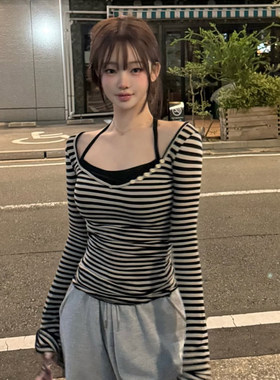 ROCKMORE【初秋素人感】黑色条纹V领挂脖假两件拼接T恤长袖打底衫