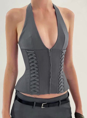 ROCKMORE【职场海妖】灰色绑带收腰拉链西装背心低腰显瘦西装短裤