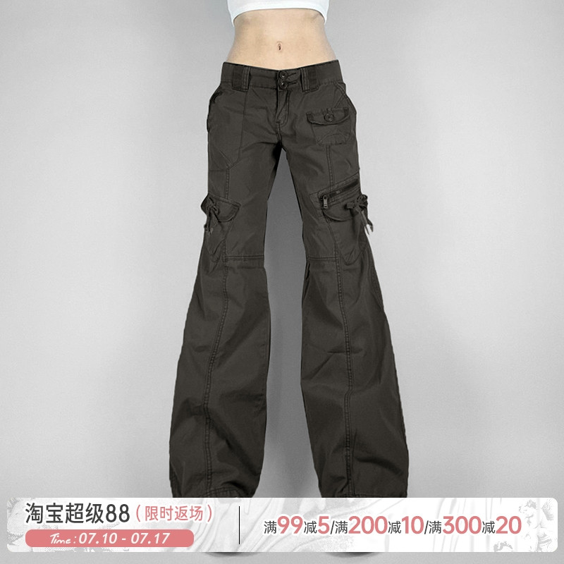 ROCKMORE【美式复古】深灰色低腰显瘦口袋工装裤辣妹直筒梭织长裤