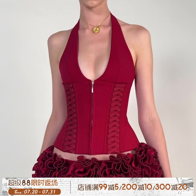 ROCKMORE【Jennie同款】V领性感鱼骨绑带挂脖背心红色辣妹吊带夏