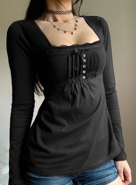 ROCKMORE【暗黑少女】黑色方领蕾丝拼接打褶长袖上衣显瘦高腰T恤