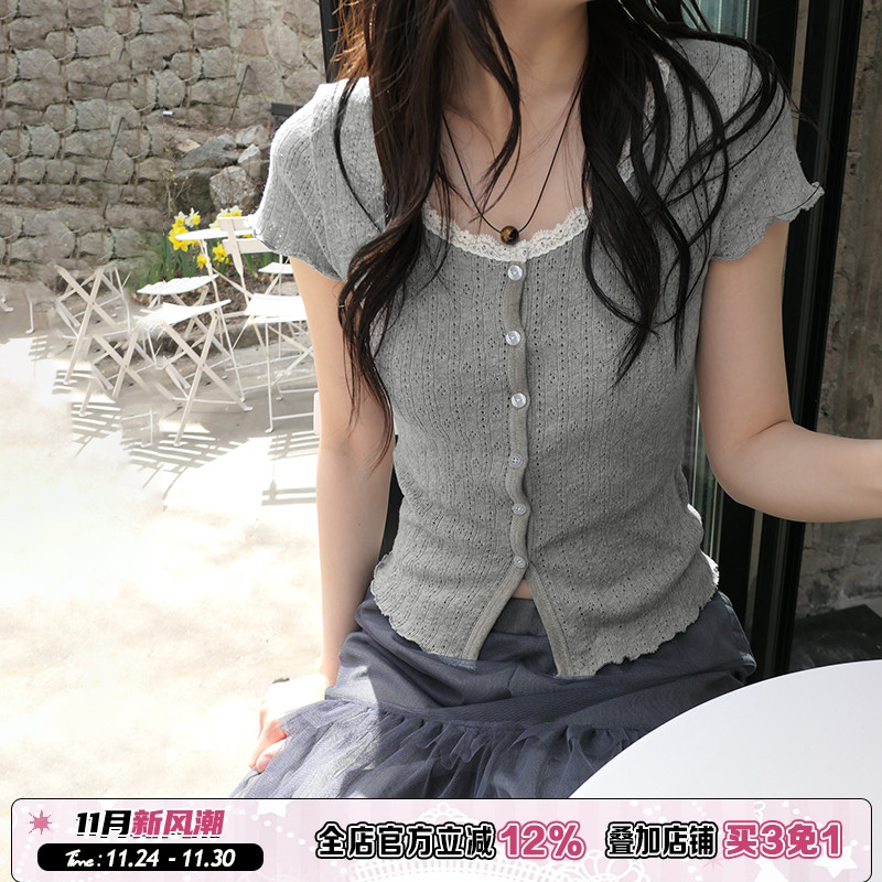 灰色蕾丝拼接排扣针织上衣