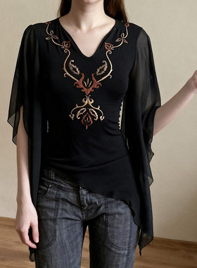 ROCKMORE【中古艺术】复古刺绣V领黑色上衣vintage雪纺纱长袖T恤