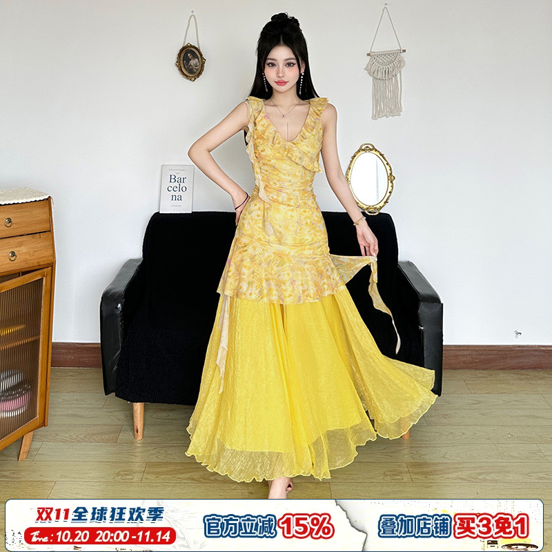 ROCKMORE【花海仙子】黄色碎花不规则连衣裙+可叠穿黄色网纱半裙