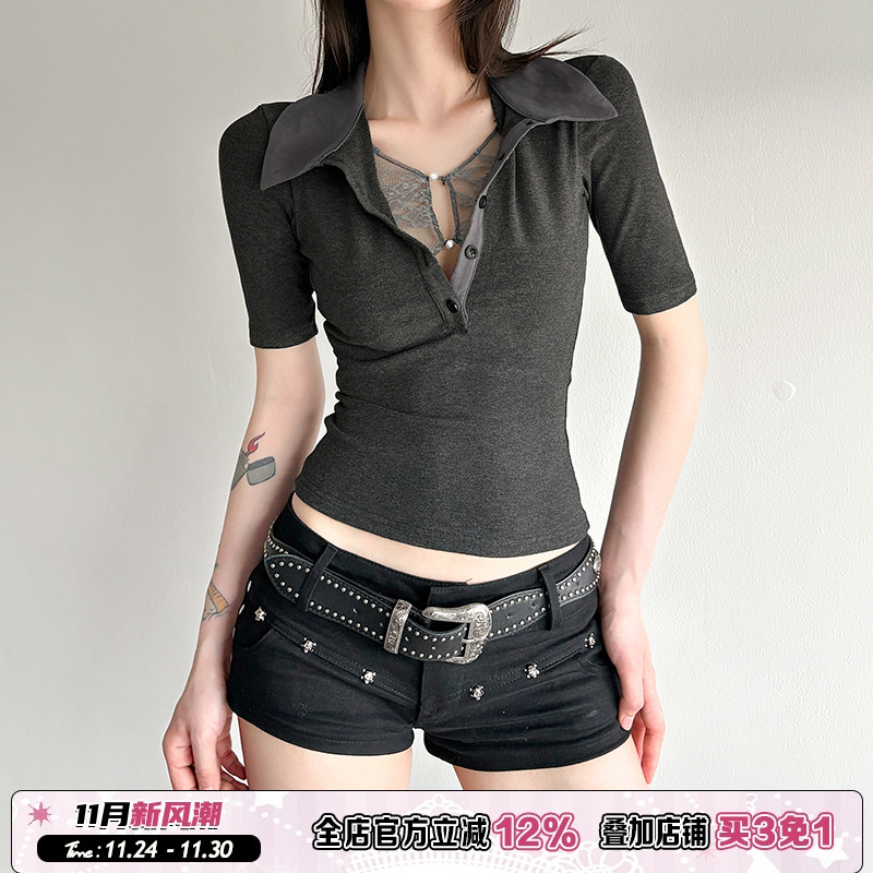 翻领假两件蕾丝短袖T恤