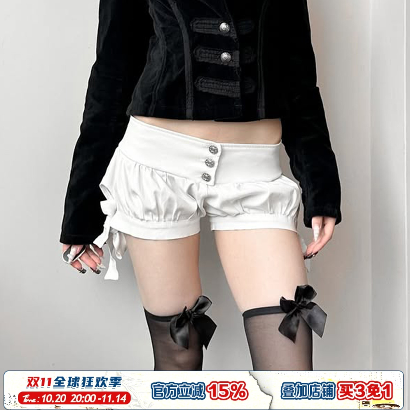 ROCKMORE【暗黑少女】蝴蝶结绑带白色花苞裤三粒扣低腰休闲短裤潮