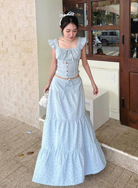 ROCKMORE【花前悦夏】蓝色浪漫小清新碎花飞飞袖T恤&A摆半裙套装